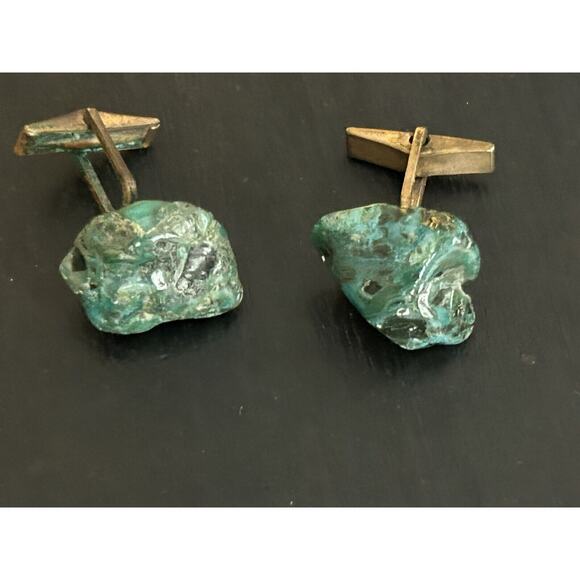 Vintage Men’s Turquoise Cufflinks Rustic Natural Nugget Rock In Brass - Picture 1 of 5